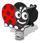 A playground spring rocker shaped like a cartoon ladybird with a red and black design and smiling face.
