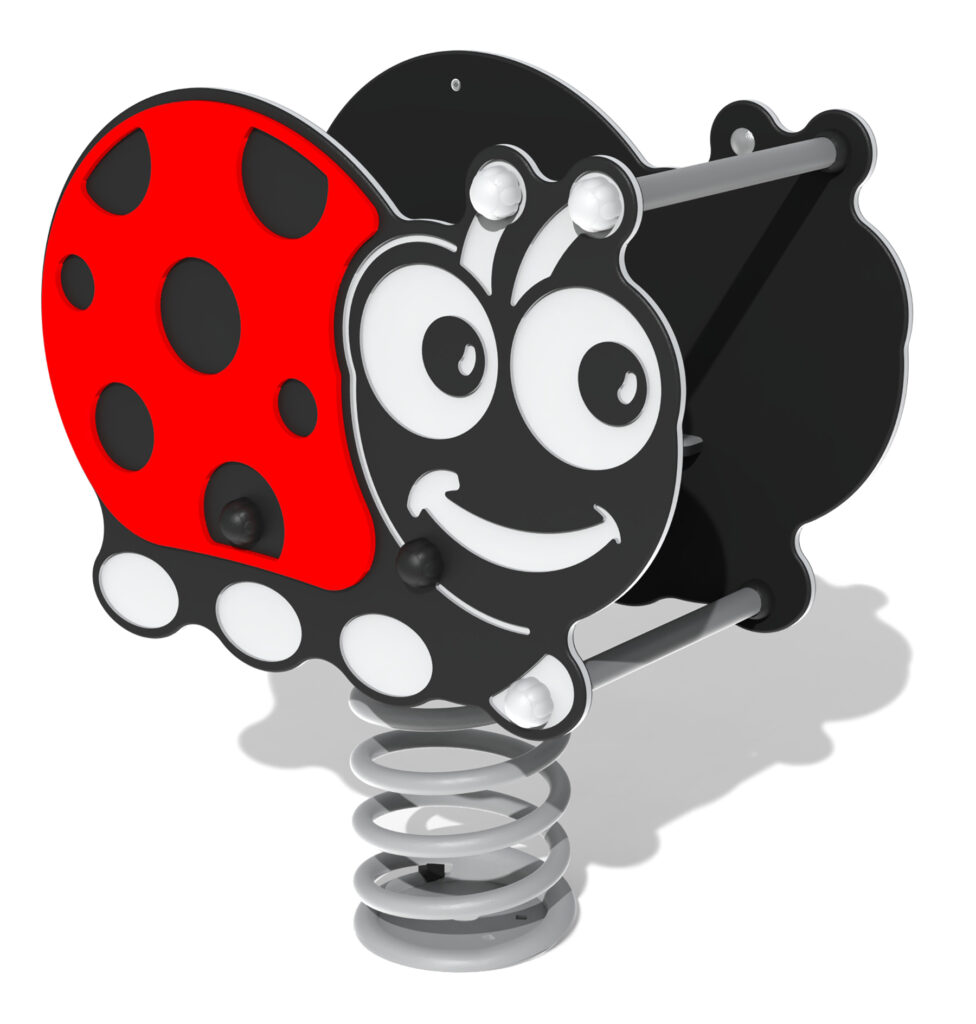A playground spring rocker shaped like a cartoon ladybird with a red and black design and smiling face.