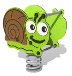 A green and brown snail-shaped playground spring rocker with a smiling face and metal spring base.