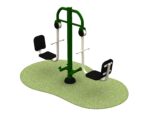 Children's green and grey steel seated leg press on grass