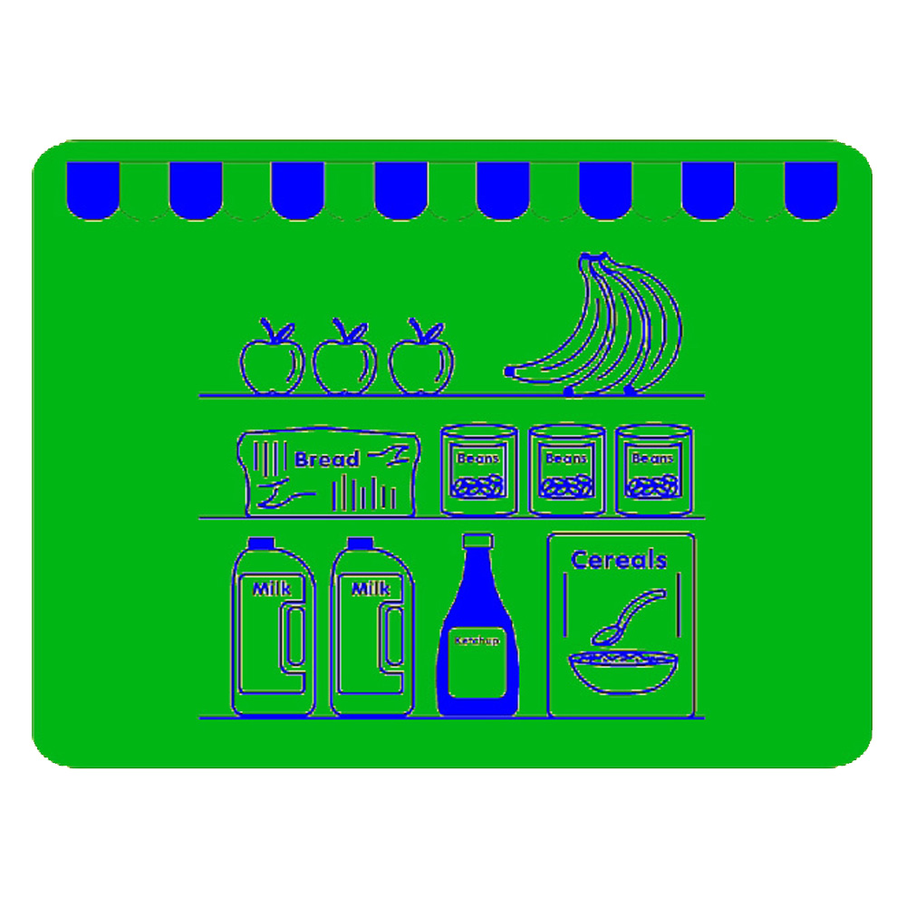 Illustration of grocery shelves with apples, bananas, bread, tinned food, milk, tomato sauce, and a cereal box under a striped awning.