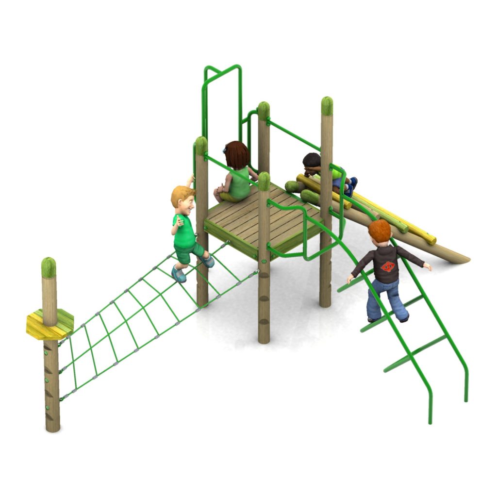 Four children play on a Grove playground structure featuring climbing bars, a platform, and a slide set against a white background.