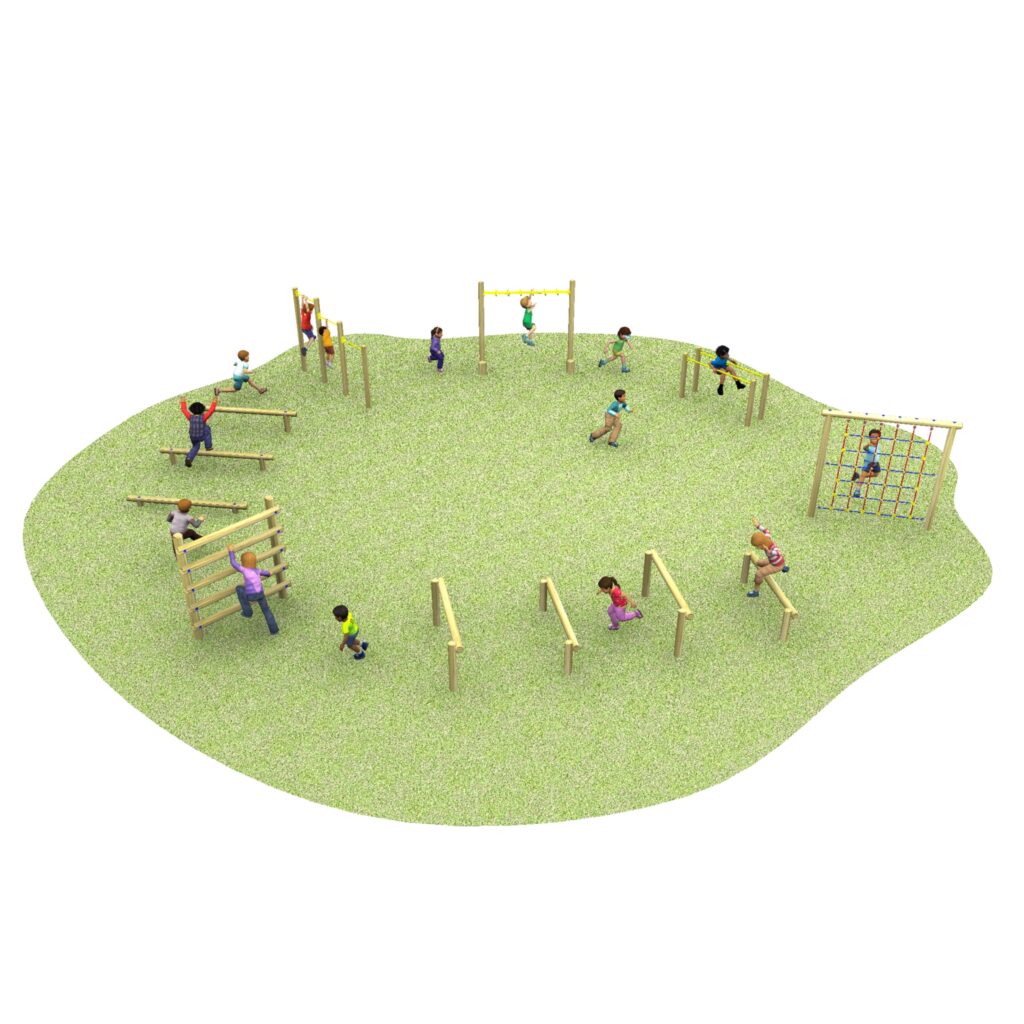 Children play on various wooden playground structures set on a grassy area, including climbing frames, balance beams, and monkey bars.