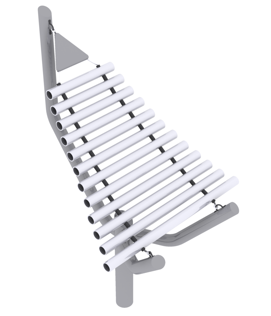 A metallic outdoor musical instrument with white horizontal pipes of varying lengths arranged in a triangular frame, designed for public use.