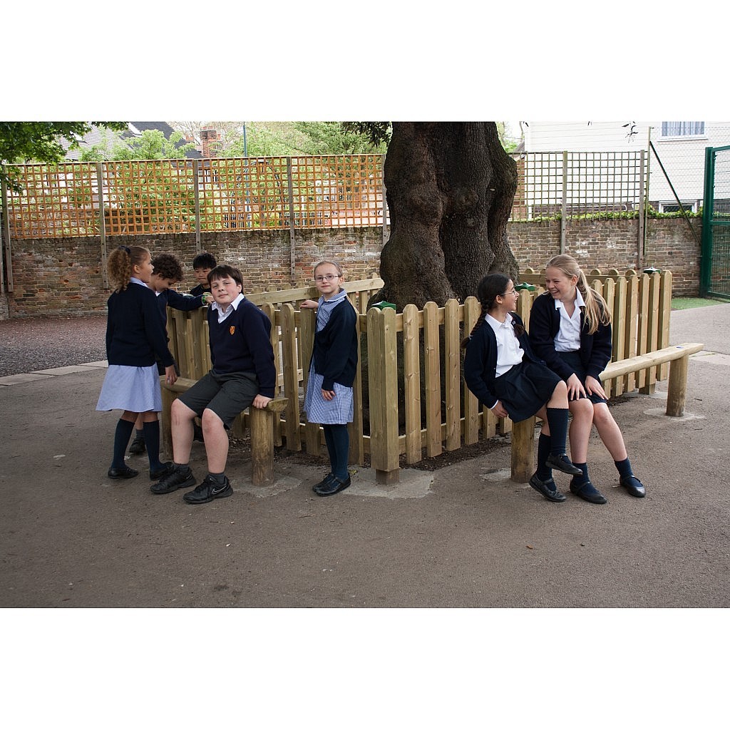 Six schoolchildren in uniforms sit and stand around a wooden bench encircling a tree in a paved school playground.