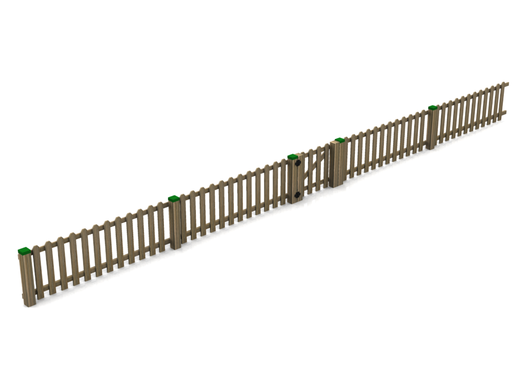 A long Henley Fencing wooden palisade fence with green-capped posts and a central gate, positioned on a white ground surface.