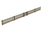 A long Henley Fencing wooden palisade fence with green-capped posts and a central gate, positioned on a white ground surface.