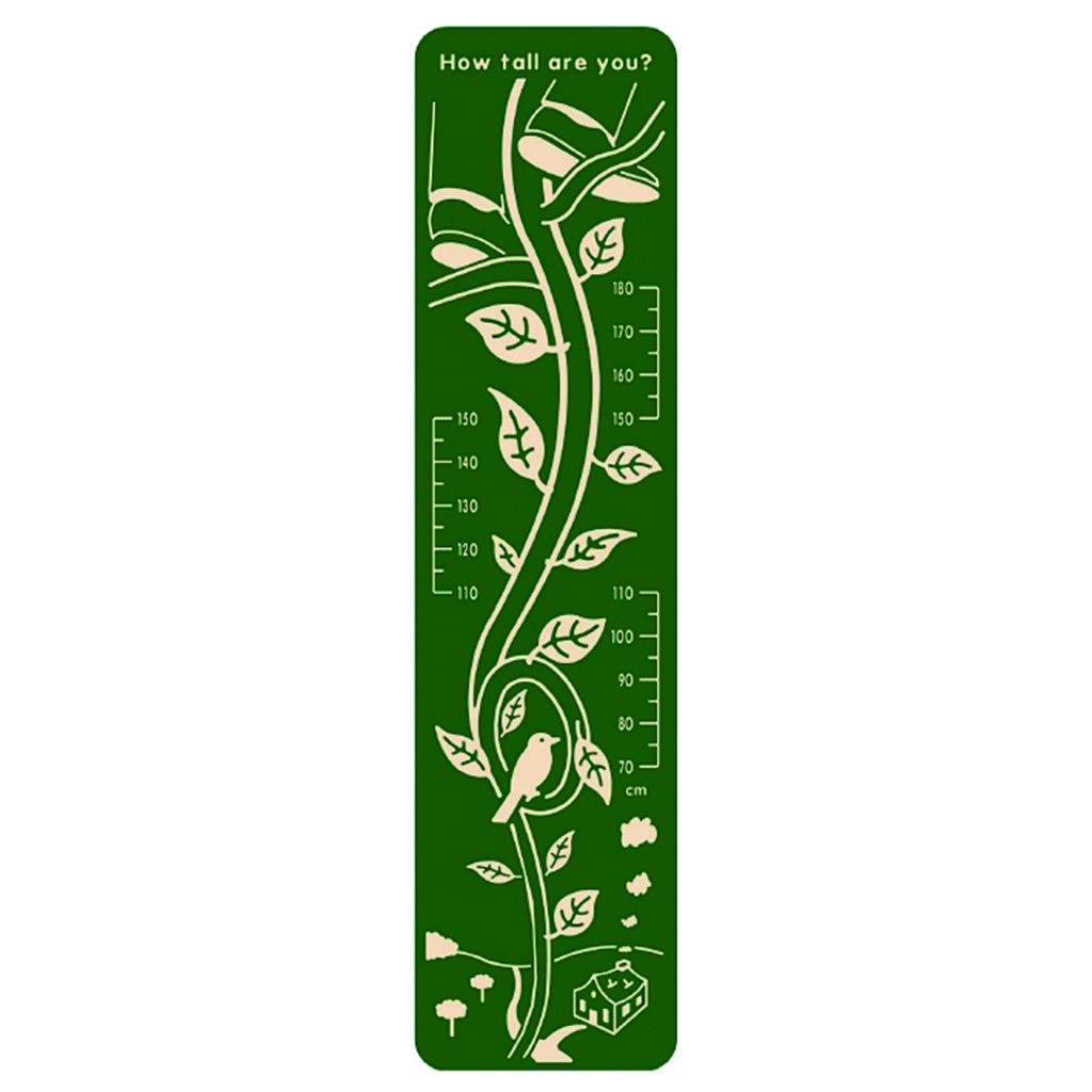 Green height chart with a vine, leaves, and a bird illustration, marked in centimetres from 60 to 140 cm, labelled “How tall are you?” at the top.