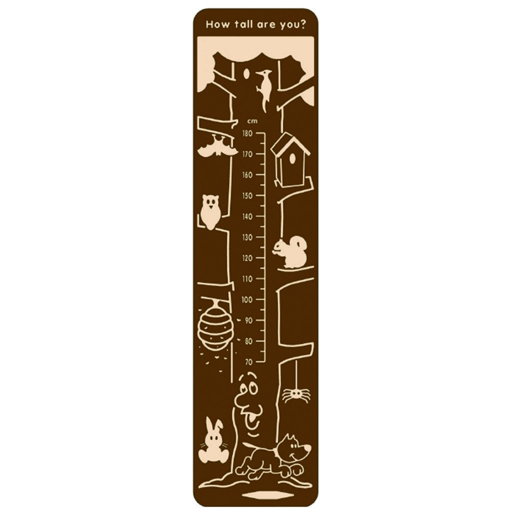 Brown height chart featuring a ruler in centimetres and illustrations of various animals including birds, squirrels, a rabbit, a mouse, and a cat around a tree.