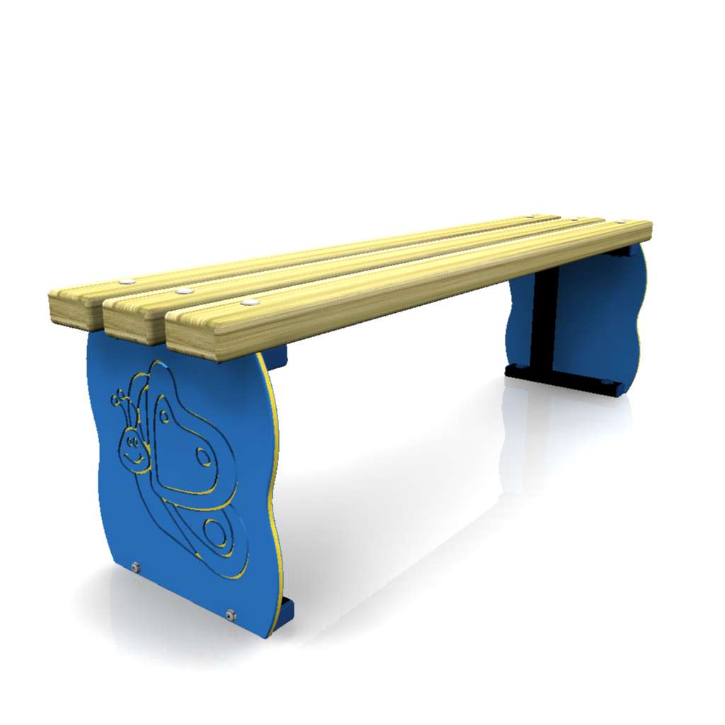 A simple bench with light wooden slats and blue metal side supports, featuring a playful engraved design on the side panels.