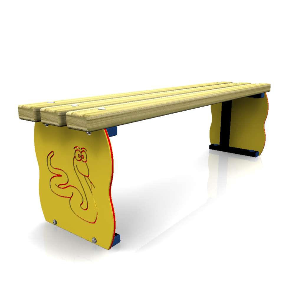 A wooden bench with yellow side panels featuring a simple red outline drawing of a smiling snake.