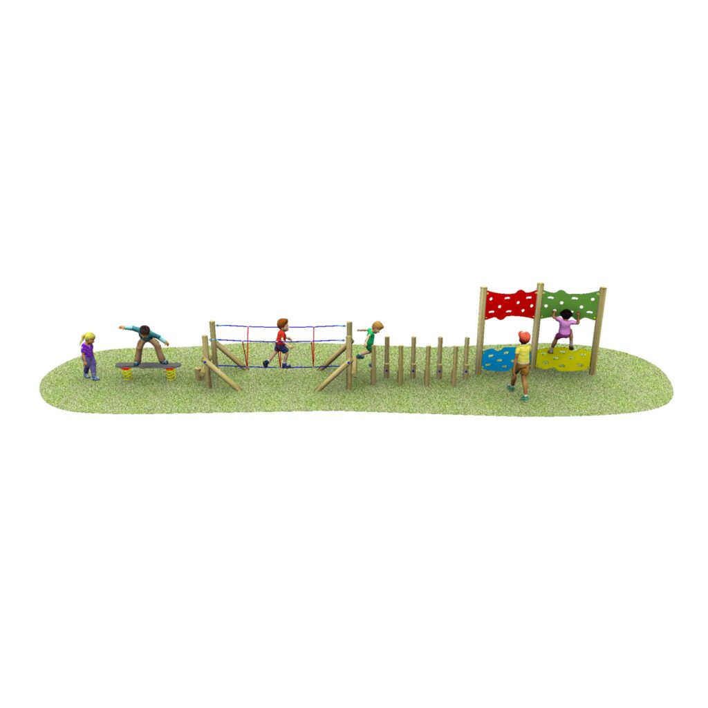 Children playing on a playground featuring a balance beam, rope bridge, stepping logs, climbing wall, and a shaded area, all set on a grassy surface.