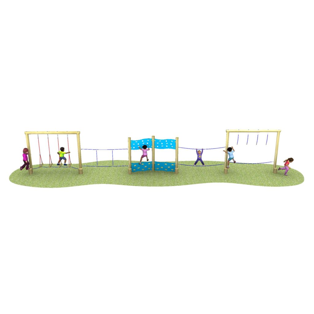 Children play on an outdoor playground structure featuring swings, climbing nets, and a blue climbing wall on a grassy surface.