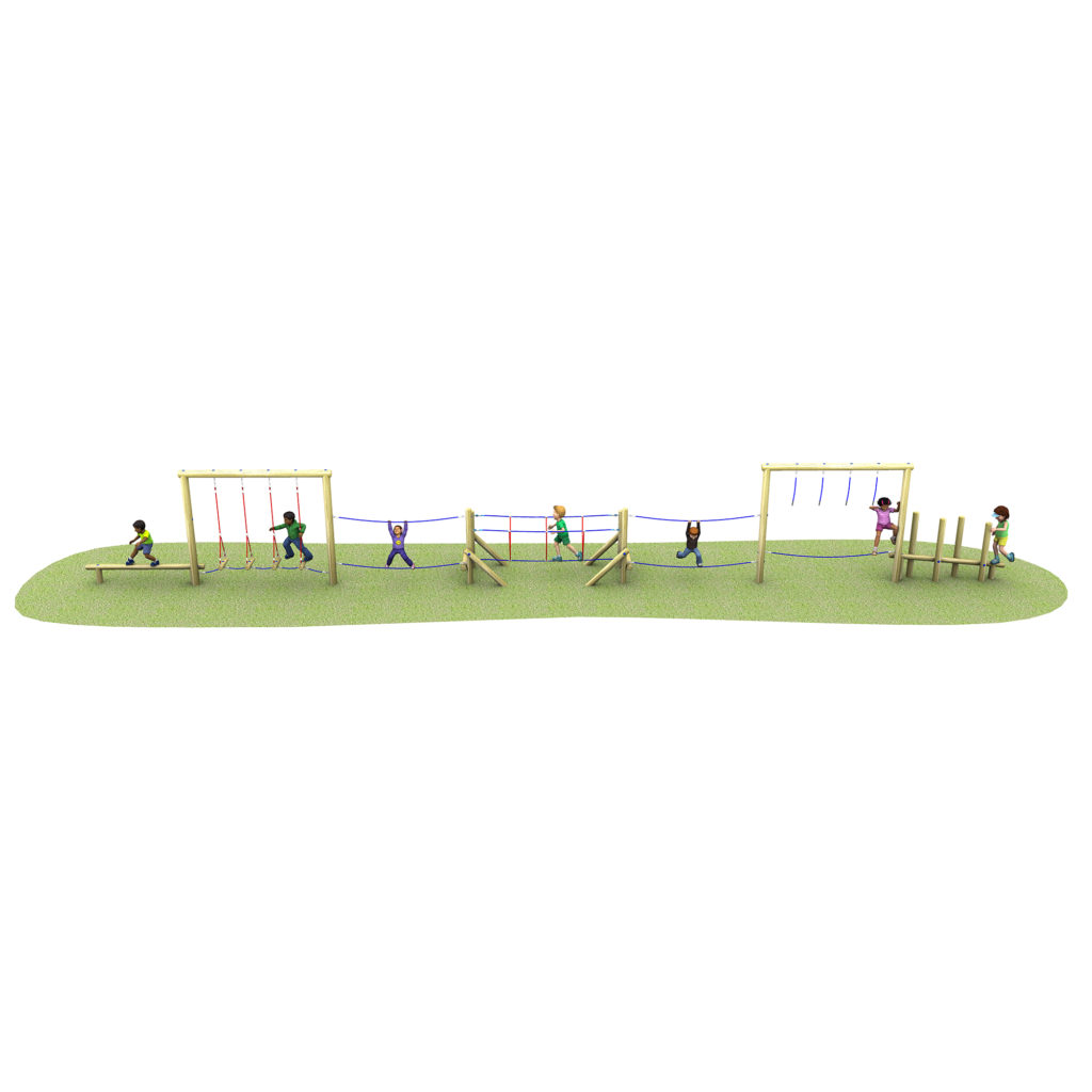 Children are playing on an outdoor assault course with climbing frames, balance beams, and rope elements on a grassy area.