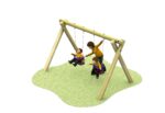wo adults push two children on swings in a playground with a wooden swing set and a grassy area.