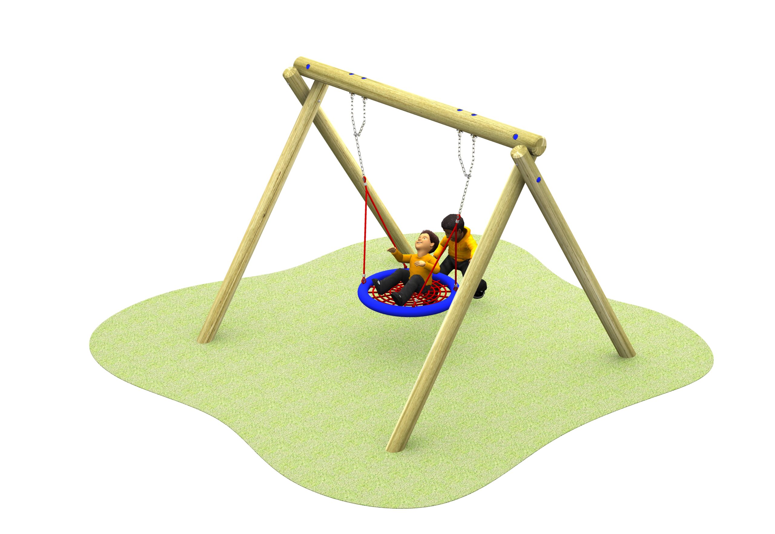 2 children in orange jumpers using the birds nest swing