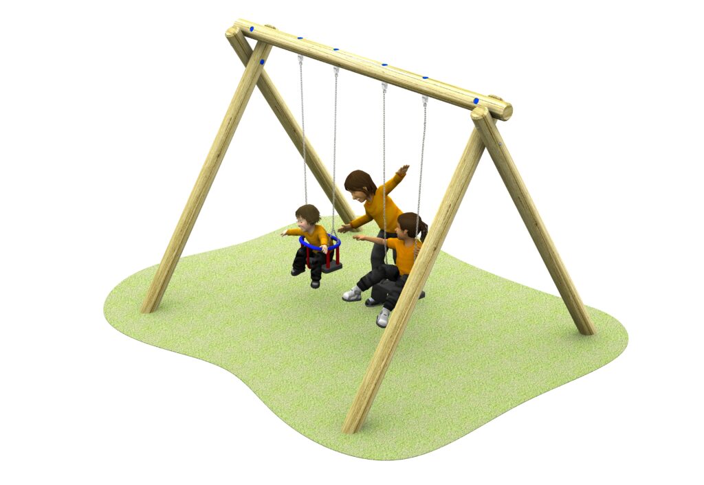 Four children interact around a wooden swing set; two are swinging whilst one pushes, and another walks nearby.