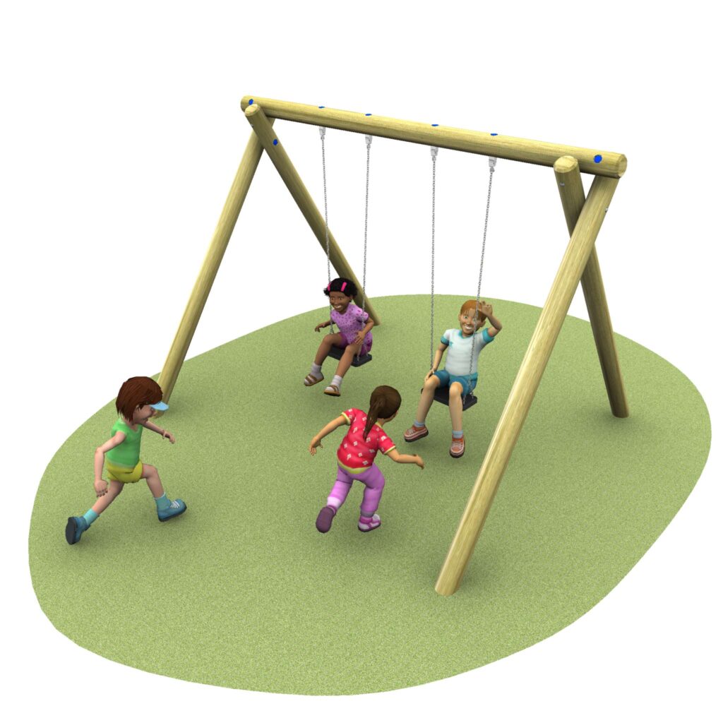 2 flat seat swings with children using them and also 2 children pushing