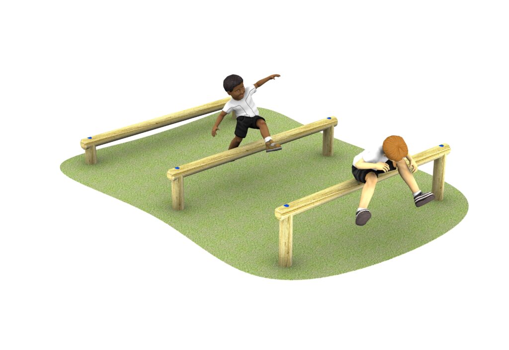 Three parallel wooden balance beams are arranged diagonally on grass surfacing
