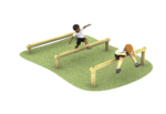 Three parallel wooden balance beams are arranged diagonally on grass surfacing