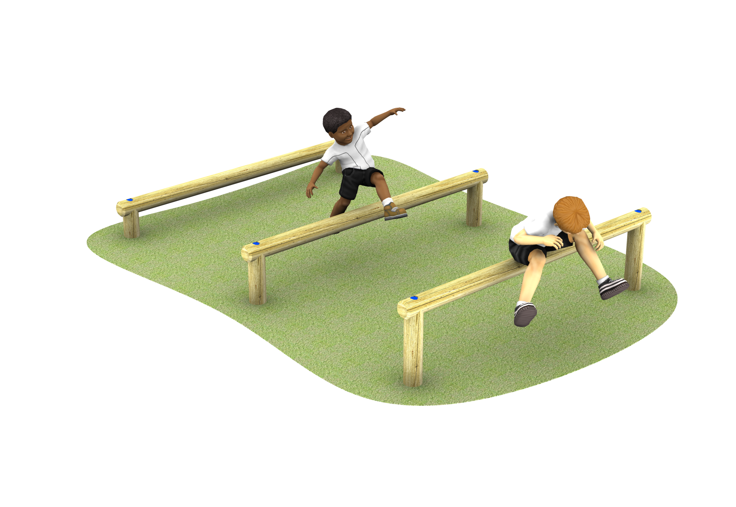 Three parallel wooden balance beams are arranged diagonally on grass surfacing