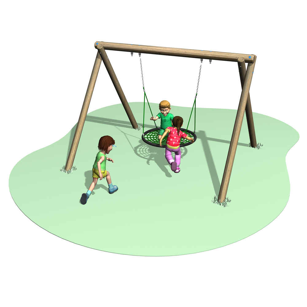 Three children play on and around a round net swing attached to a wooden frame on a green patch of grass.