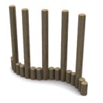 A row of vertical wooden posts of varying heights arranged in a curved line on a white background.