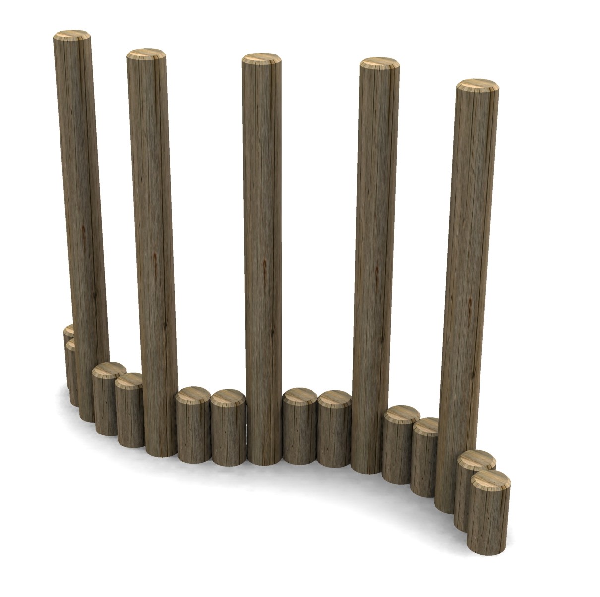 A row of vertical wooden posts of varying heights arranged in a curved line on a white background.