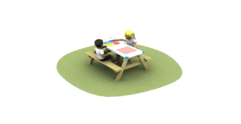 Ludo and Four in a Row gameboard table with grass and children