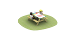 Ludo and Four in a Row gameboard table with grass and children