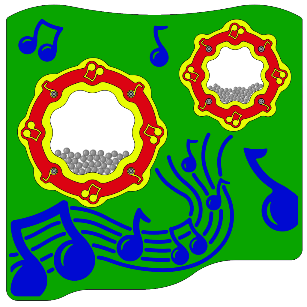 Illustration of two tambourines with silver beads on a green background, surrounded by blue and black musical notes and stave lines.