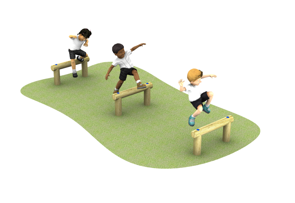 3 wooden mini hurdles with children in white tshirts