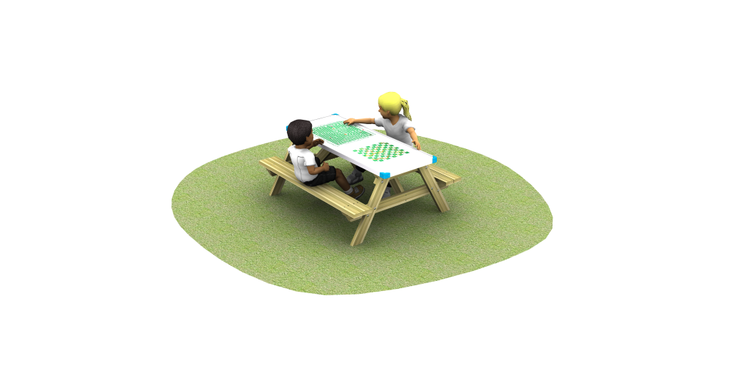Maze and Snakes + Ladders gameboard table with grass and children