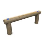 A wooden balance beam with a horizontal log supported by two vertical logs, featuring blue circular markings on each end, isolated on a white background.