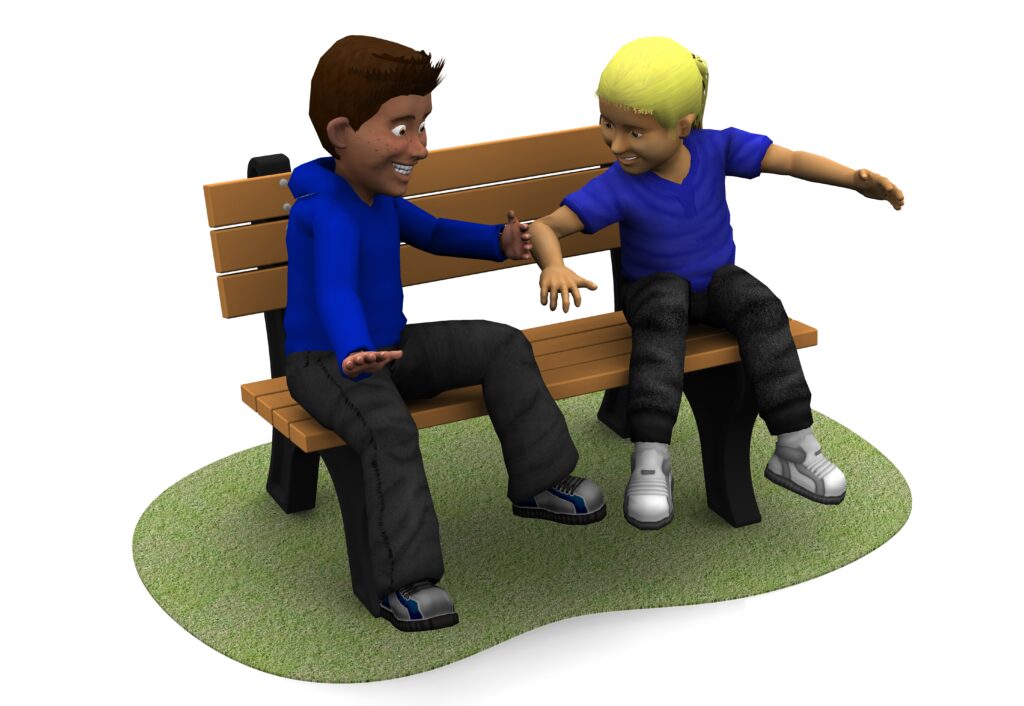 Two animated children sit on a NotWood Oak Bench Seat with Back 1200mm, smiling and gesturing towards each other, appearing engaged in conversation.