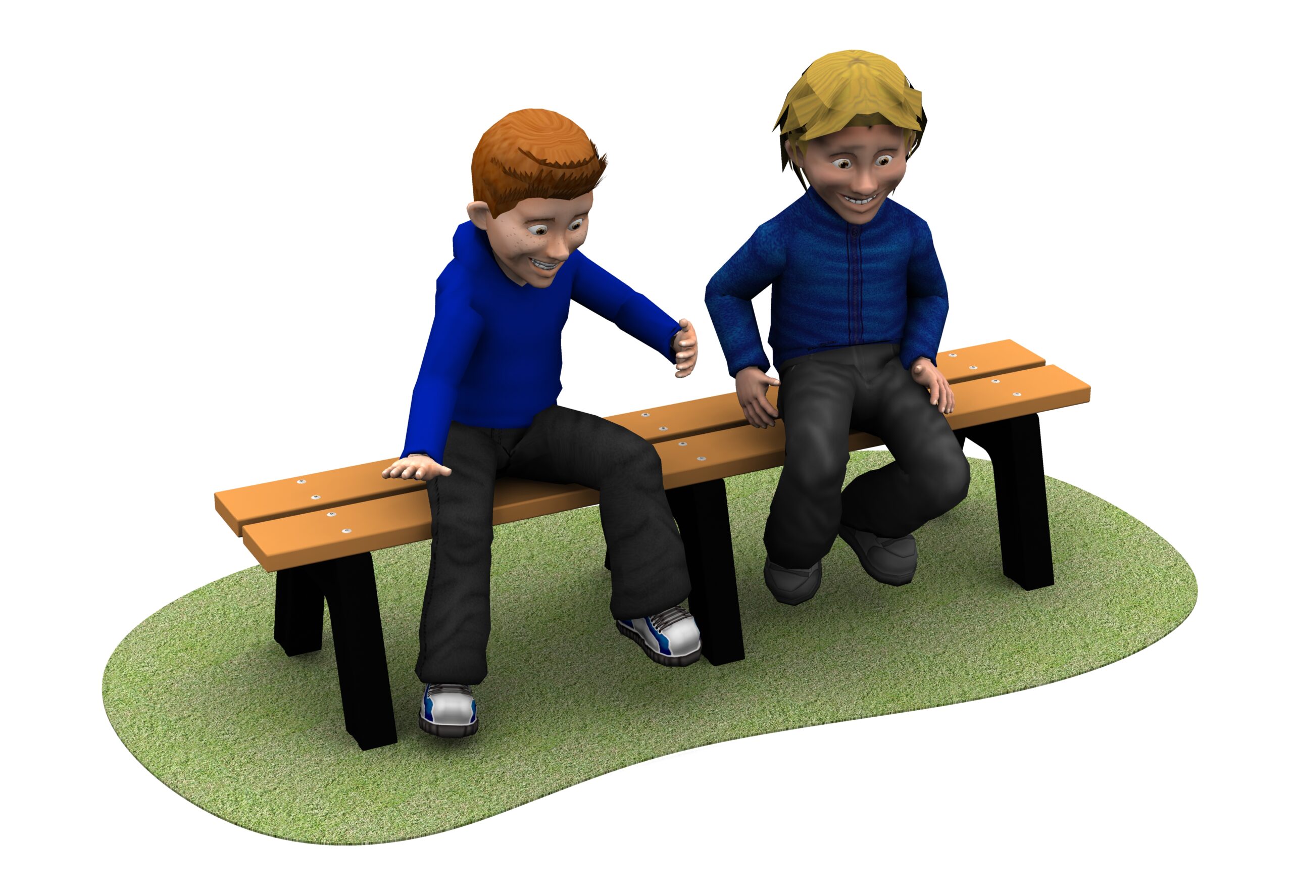 Two animated boys with light skin sit on a NotWood Oak Backless Bench 1800mm, smiling and interacting, on a patch of grass with a white background.
