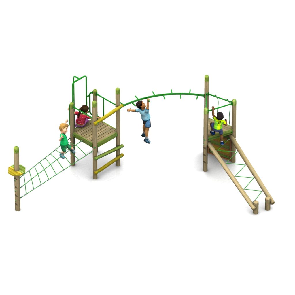 Four children play on the New Forest Range - Orchard wooden playground structure, featuring rope ladders, platforms, and a curved horizontal climbing bar.