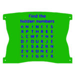 A green sign features a wordsearch puzzle with the instruction Find the hidden numbers above a grid of letters.