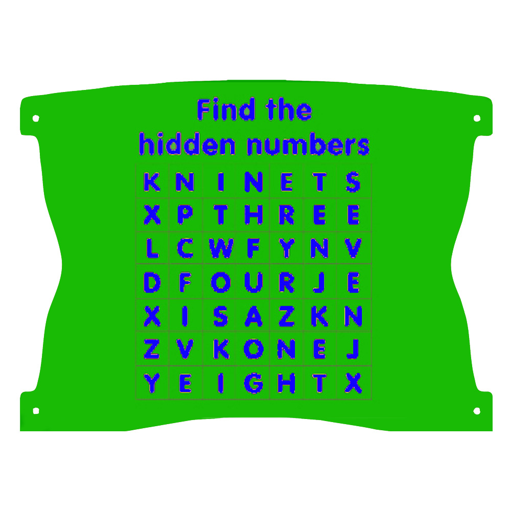 A green sign features a wordsearch puzzle with the instruction Find the hidden numbers above a grid of letters.