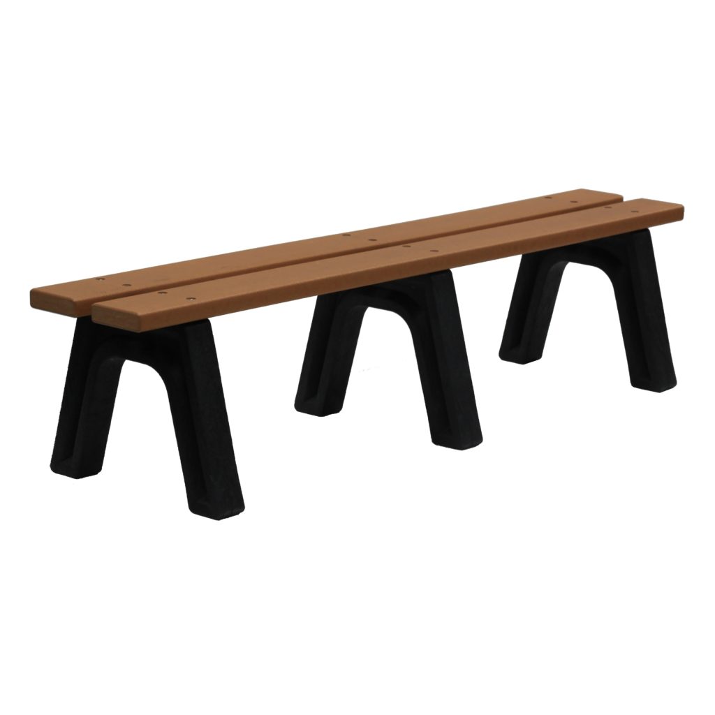 A simple outdoor bench with a brown wooden seat and black angled legs, designed without a backrest.