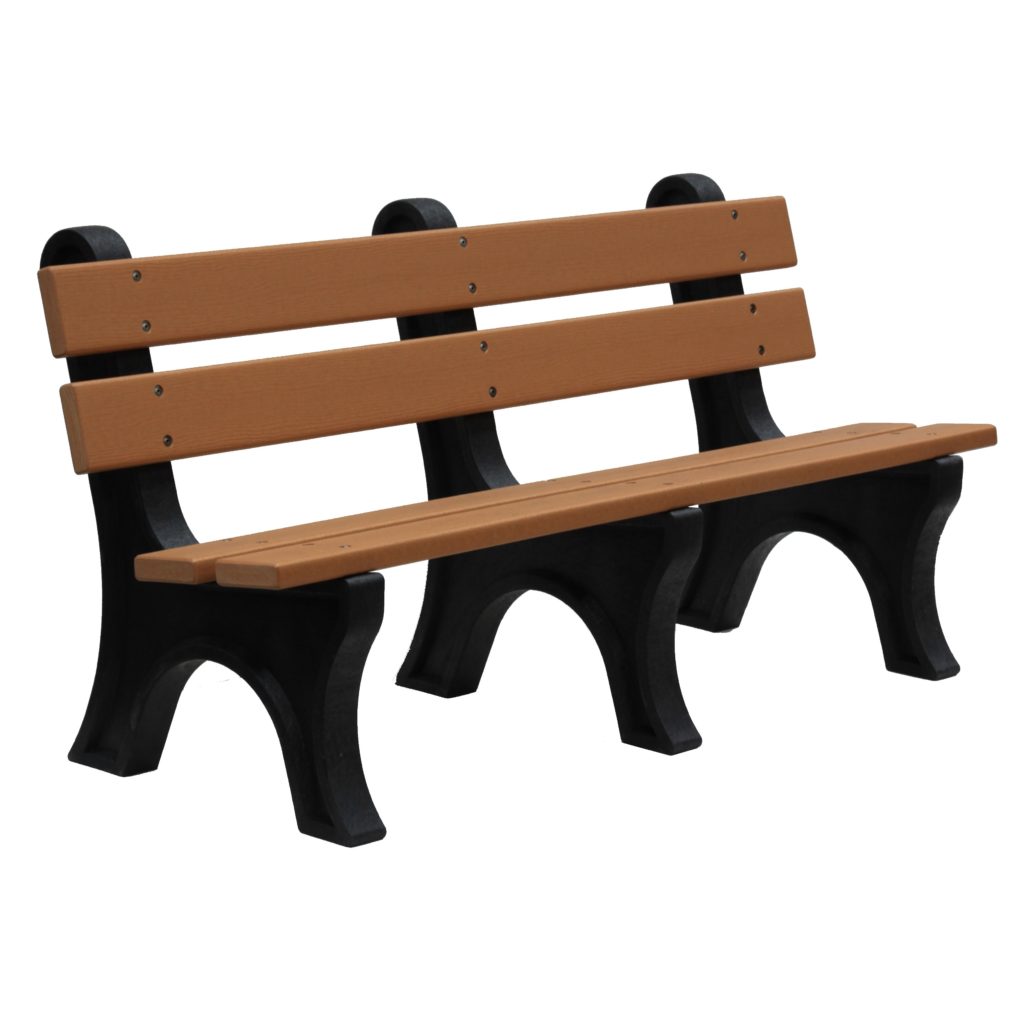 A wooden bench with a brown seat and backrest, supported by three black, curved legs, shown against a white background.