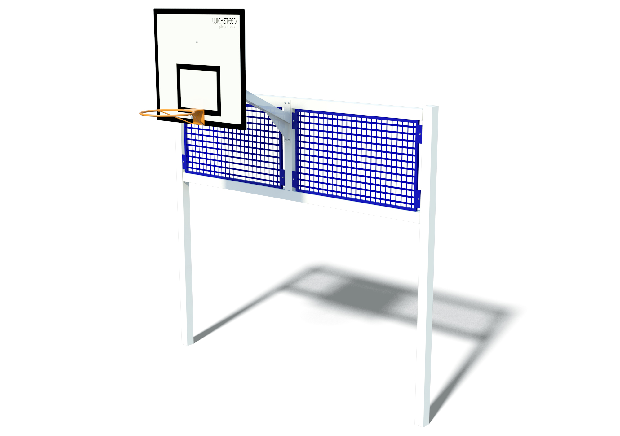 Basketball hoop with a white backboard, orange rim, and blue grid-like panels beneath, mounted on a white pole.