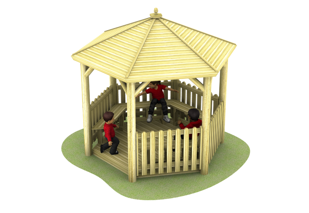 Wooden shelter with 5 closed sides and 1 open side. Picket fence around the outside and benches inside. 3 children inside the shelter