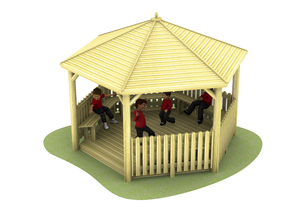 Wooden shelter with 5 closed sides and one open side. Picket fence around the outside and benches inside. All onto grass. 4 children inside the shelter