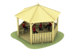 Wooden shelter with 5 closed sides and one open side. Picket fence around the outside and benches inside. All onto grass. 4 children inside the shelter