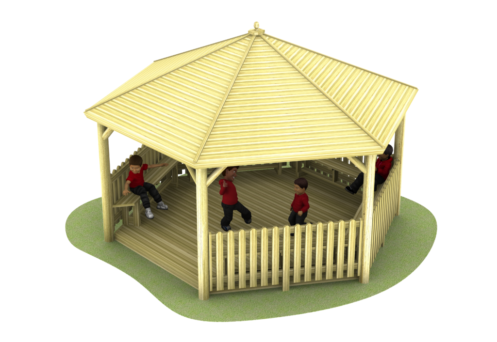 5m wooden pavilion with 4 children in red jumpers inside it. Picket fencing around the outside