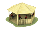 5m wooden pavilion with 4 children in red jumpers inside it. Picket fencing around the outside