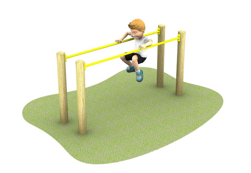 a child using a set of parallel yellow bars supported by four vertical wooden posts, designed for outdoor exercise or gymnastics, shown on grass