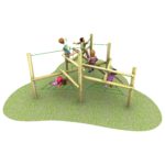 Children climb and play on a wooden playground structure with vertical posts and green rope nets, set on a patch of grass.