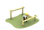 a child using two wooden balance beams set parallel to each other on a grass surface